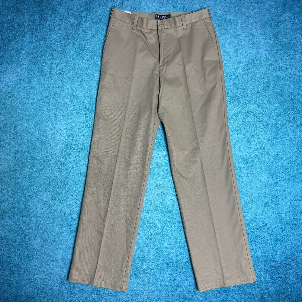 IZOD American Chino Pants Tan 34x34 Flat Front Straight Fit Wrinkle Free NWT